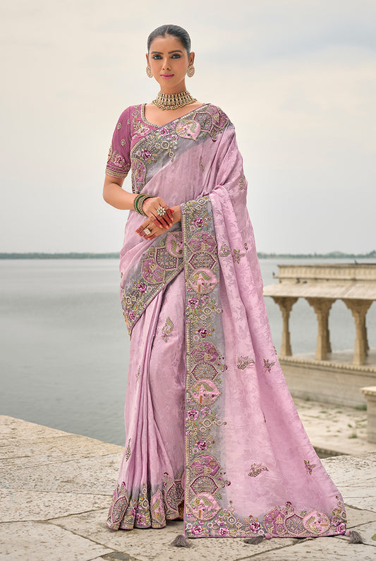 Lavender Banarasi Silk Embroidered with Heavy Patchwork Border Saree