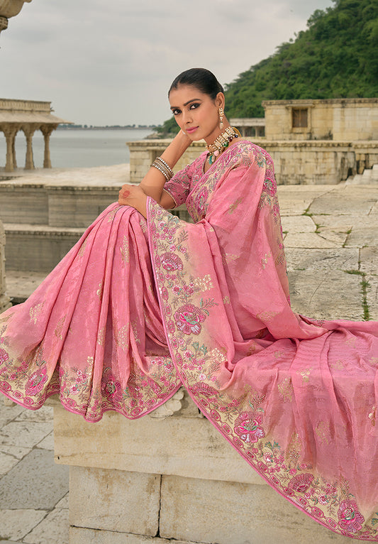 Light Pink Silk Embroidered with Heavy Patchwork Border Saree