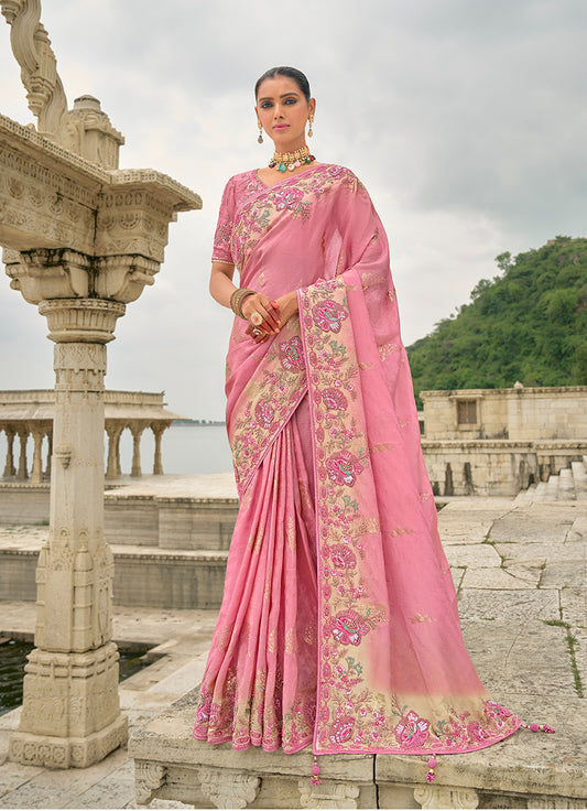 Light Pink Silk Embroidered with Heavy Patchwork Border Saree