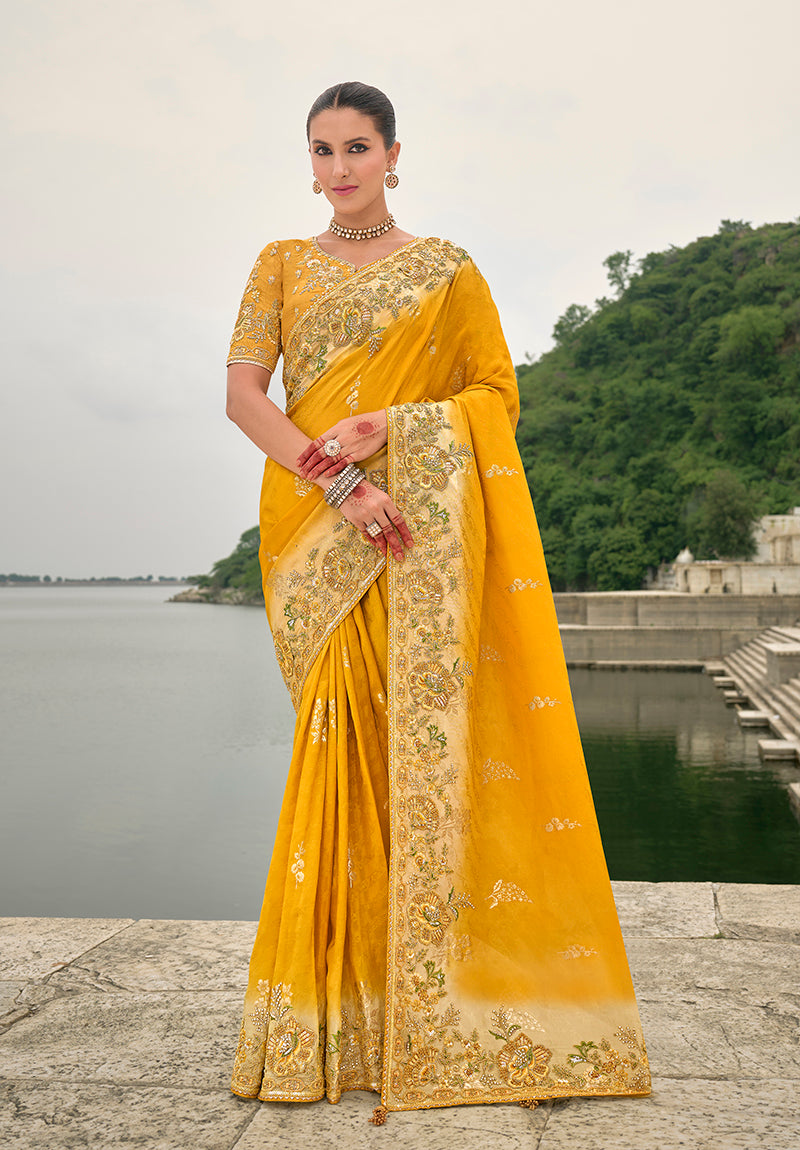 Yellow Silk Embroidered with Heavy Patchwork Border Saree
