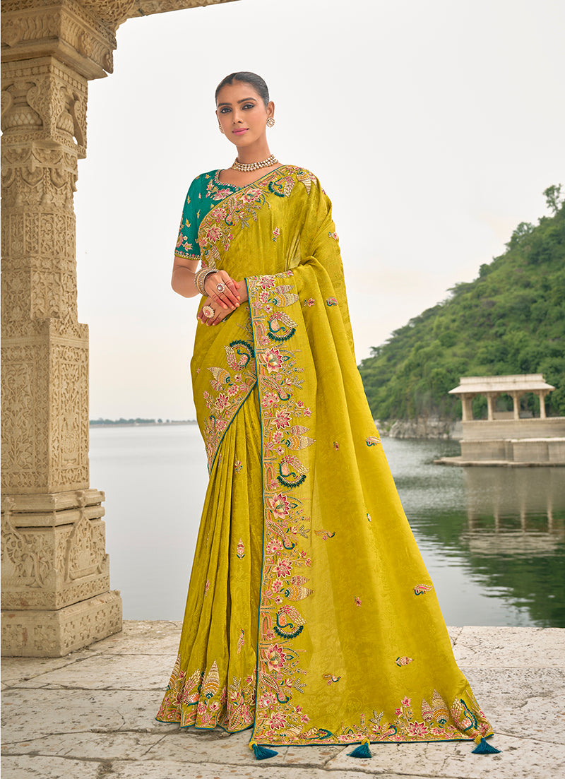 Pear Silk Embroidered with Heavy Patchwork Border Saree