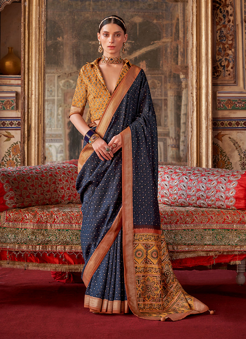 Navy Blue Silk Printed Saree