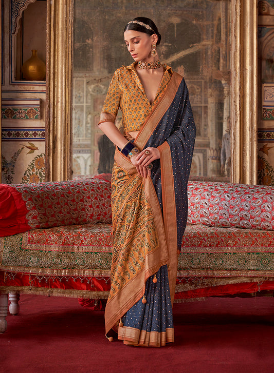 Navy Blue Silk Printed Saree