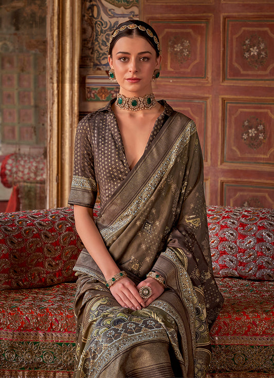 Brown Silk Printed Saree