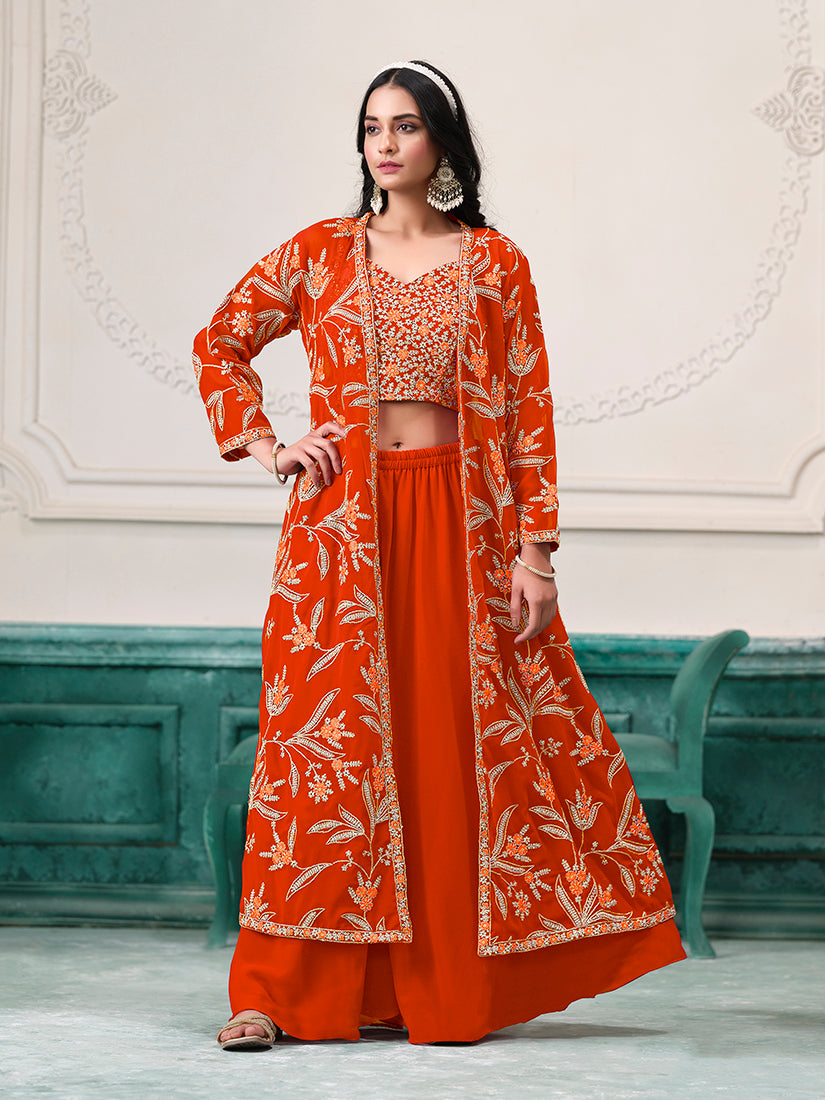 Orange Faux Georgette Embroidered Readymade Suit With Shrug