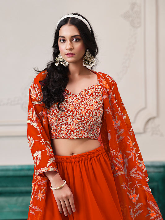 Orange Faux Georgette Embroidered Readymade Suit With Shrug