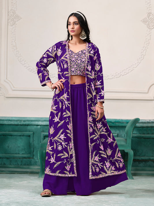 Violet Faux Georgette Embroidered Readymade Suit With Shrug