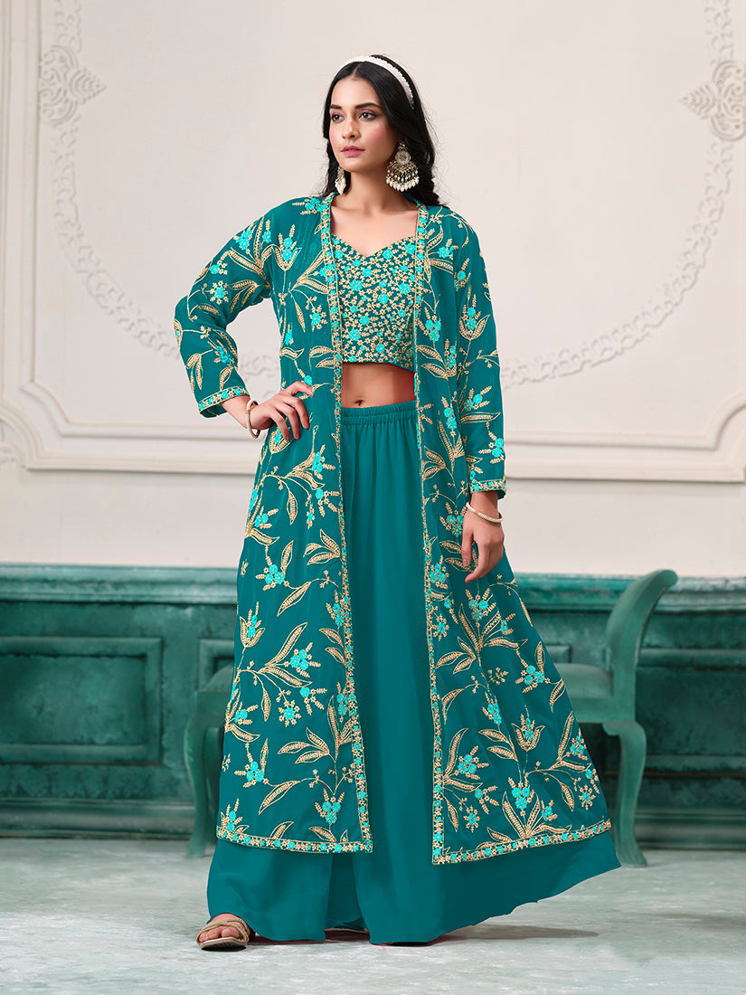 Turquoise Faux Georgette Embroidered Readymade Suit With Shrug