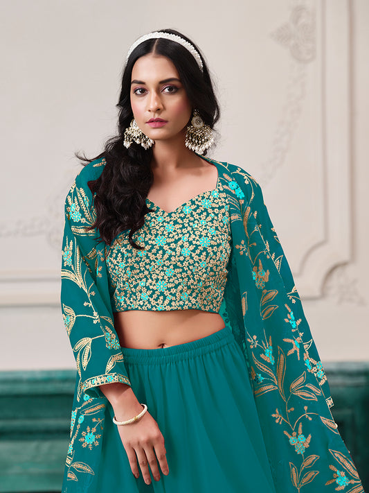 Turquoise Faux Georgette Embroidered Readymade Suit With Shrug