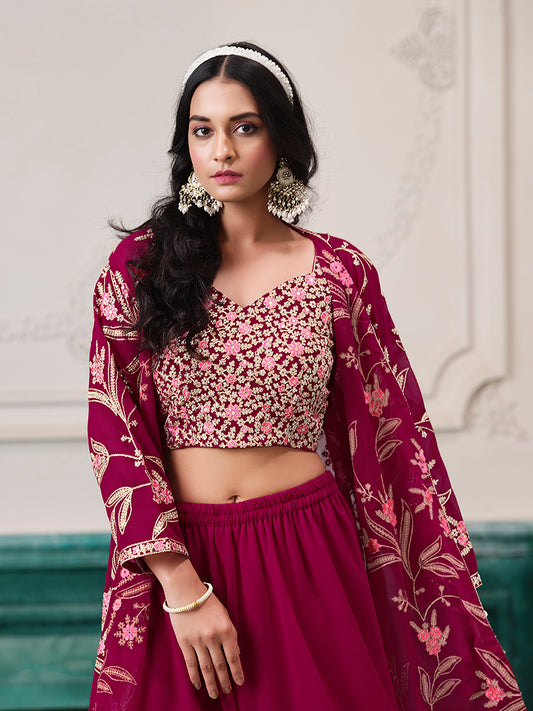 Rani Pink Faux Georgette Embroidered Readymade Suit With Shrug