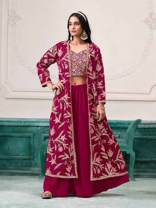 Rani Pink Faux Georgette Embroidered Readymade Suit With Shrug
