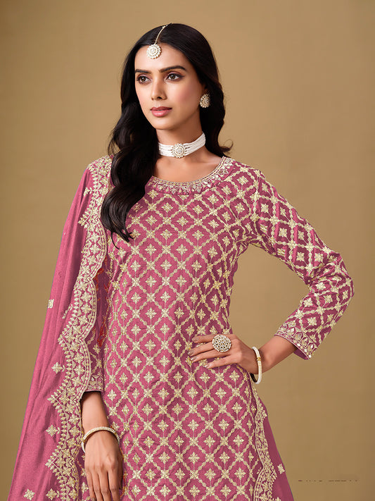 Pink Dola Jacquard Work Readymade Wedding Wear Suit