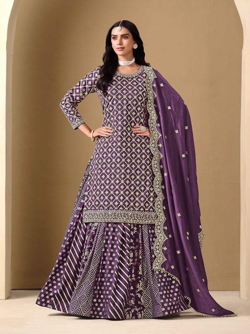 Purple Dola Jacquard Work Readymade Wedding Wear Suit