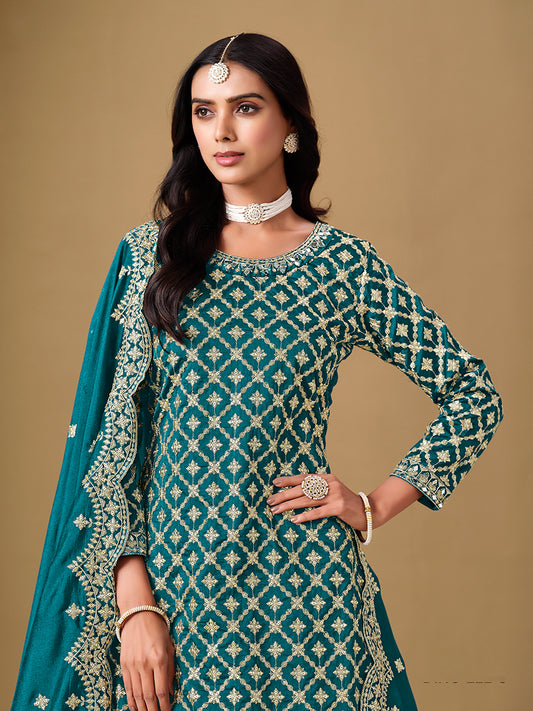 Teal Dola Jacquard Work Readymade Wedding Wear Suit