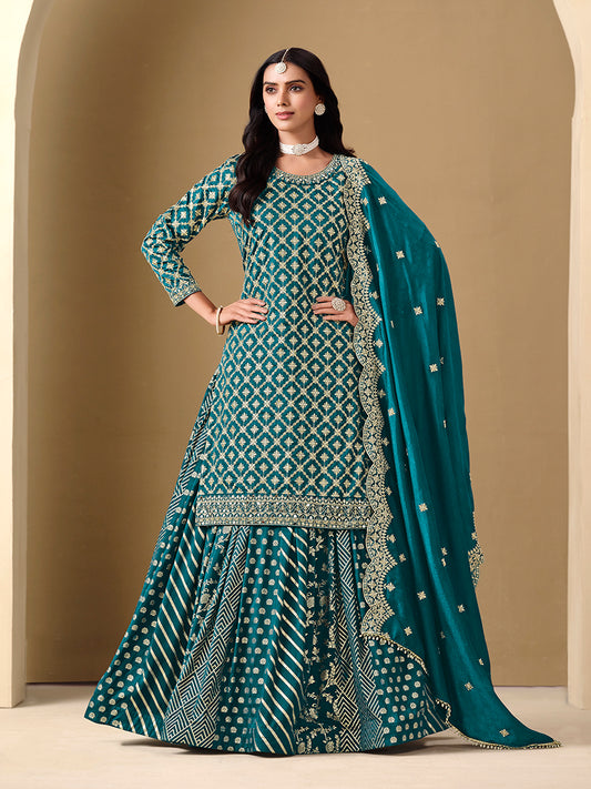 Teal Dola Jacquard Work Readymade Wedding Wear Suit
