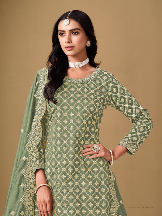 Sage Green Dola Jacquard Work Readymade Wedding Wear Suit