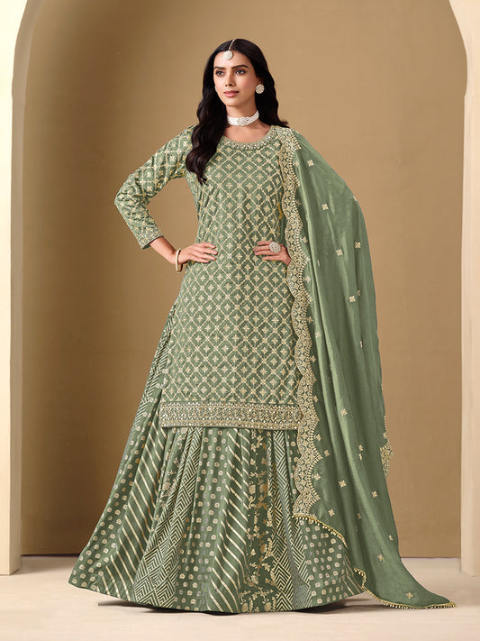 Sage Green Dola Jacquard Work Readymade Wedding Wear Suit