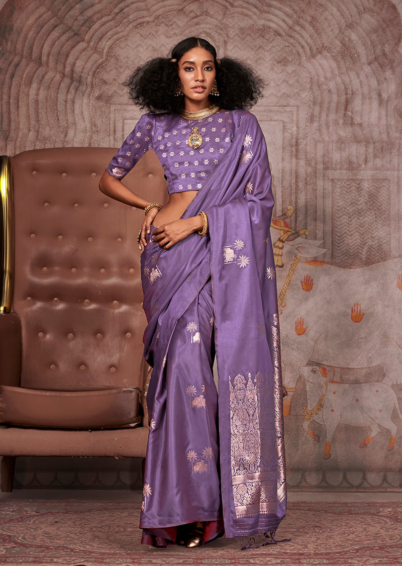 Lavender Banarasi Satin Silk Zari Woven Ethnic Saree