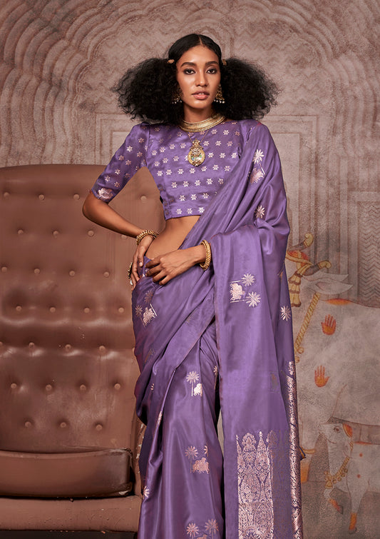 Lavender Banarasi Satin Silk Zari Woven Ethnic Saree