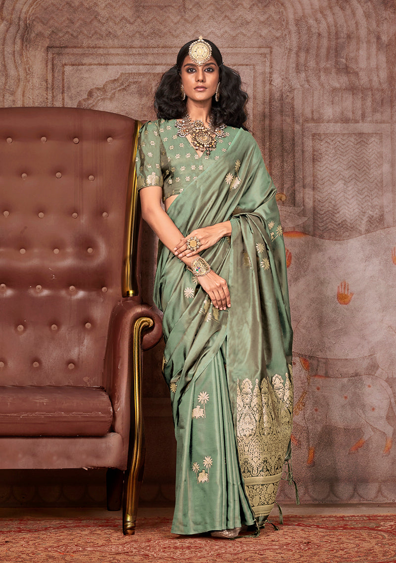 Sage Green Banarasi Satin Silk Zari Woven Ethnic Saree