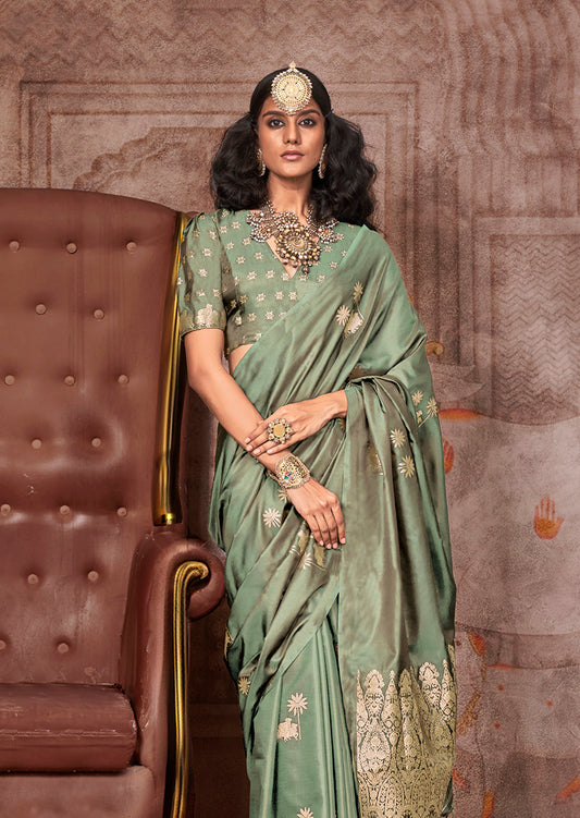Sage Green Banarasi Satin Silk Zari Woven Ethnic Saree