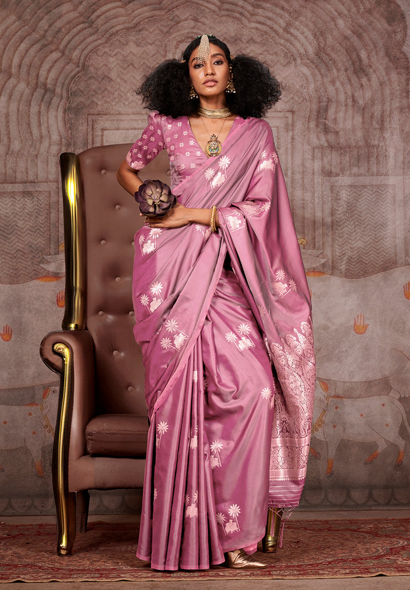 Rose Pink Banarasi Satin Silk Zari Woven Ethnic Saree