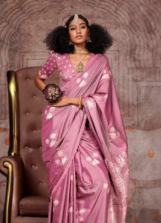 Rose Pink Banarasi Satin Silk Zari Woven Ethnic Saree