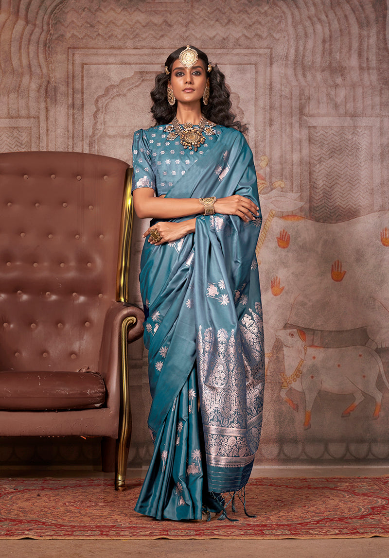 Light Blue Banarasi Satin Silk Zari Woven Ethnic Saree