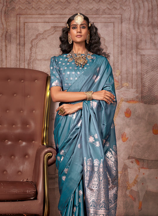 Light Blue Banarasi Satin Silk Zari Woven Ethnic Saree