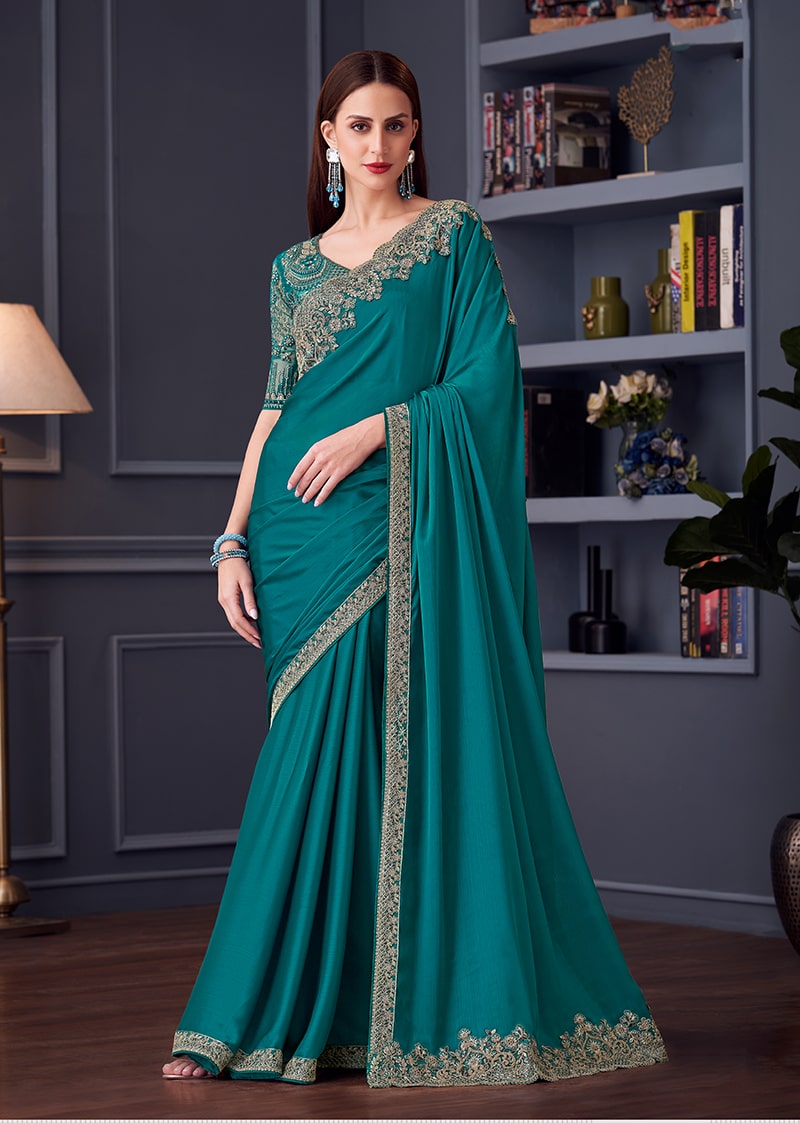 Teal Chiffon Silk Embroidered Saree