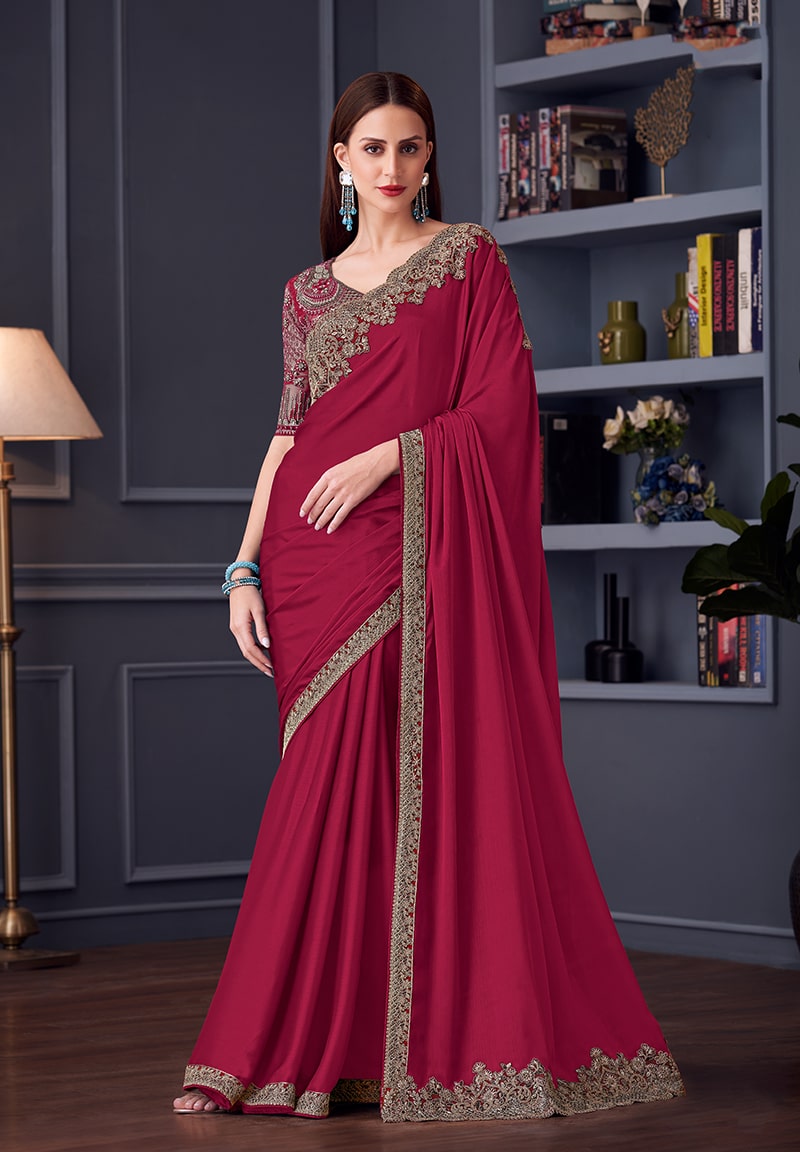 Rani Pink Chiffon Silk Embroidered Saree