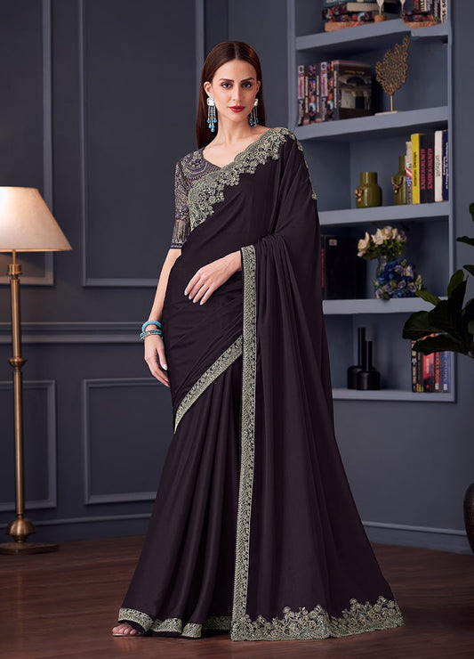 Dark Purple Chiffon Silk Embroidered Saree