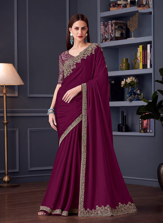 Burgundy Chiffon Silk Embroidered Saree