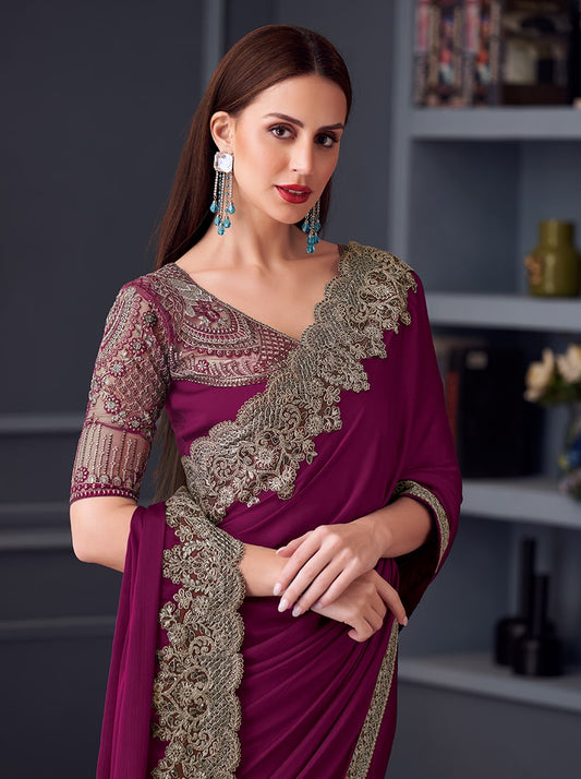 Burgundy Chiffon Silk Embroidered Saree