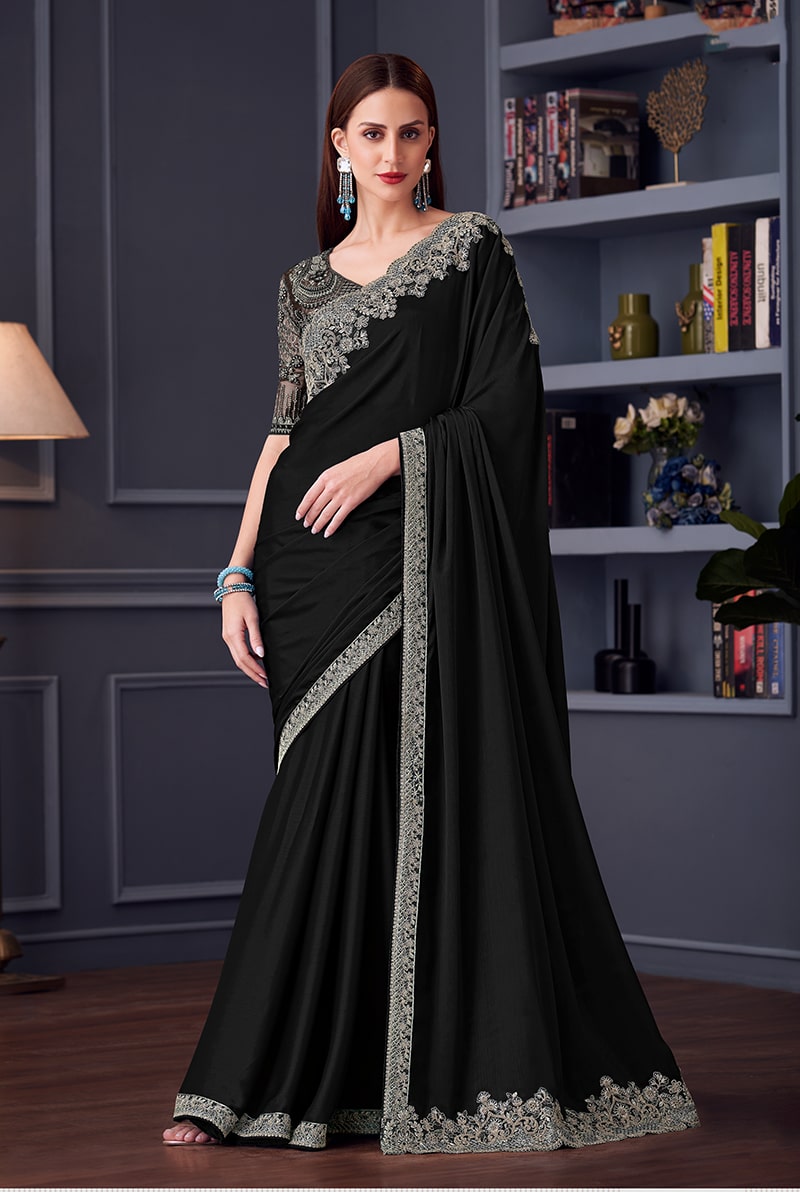 Black Chiffon Silk Embroidered Saree