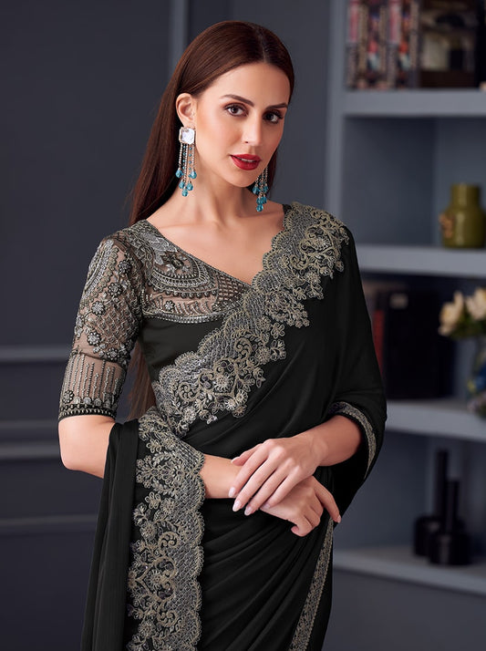 Black Chiffon Silk Embroidered Saree