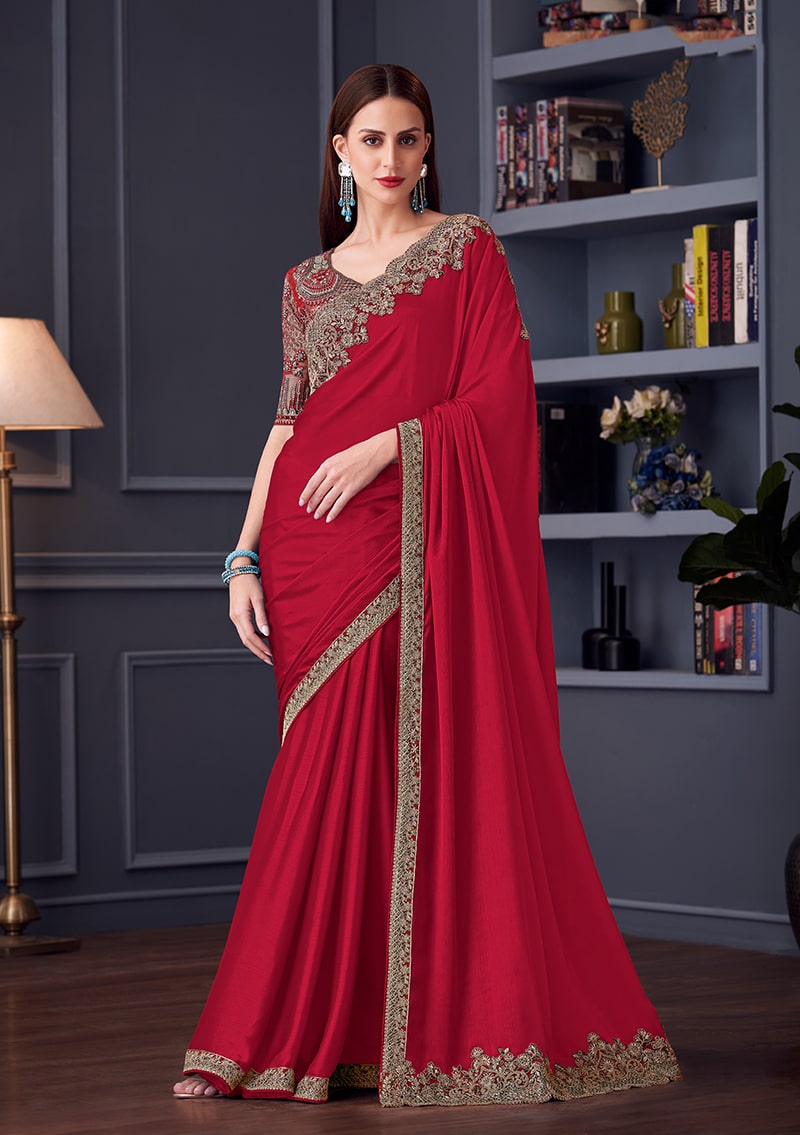 Red Chiffon Silk Embroidered Saree