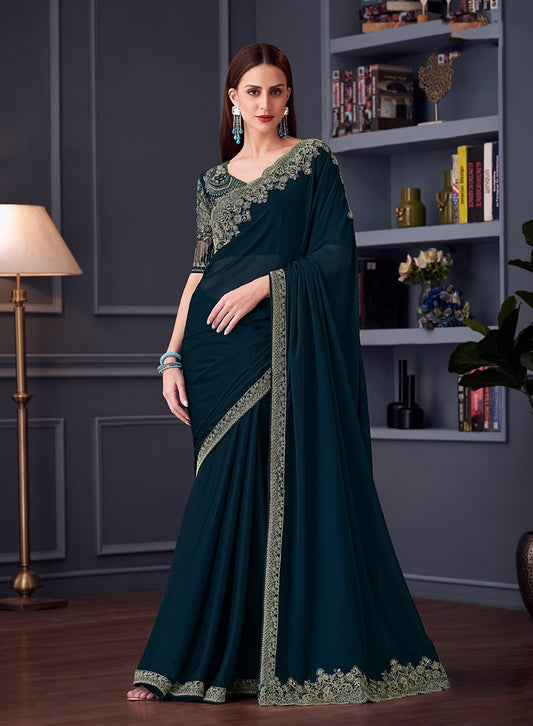 Dark Teal Chiffon Silk Embroidered Saree