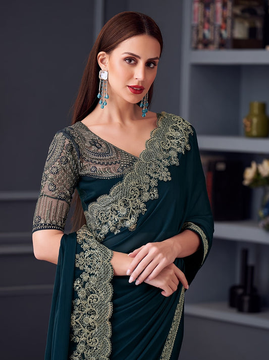 Dark Teal Chiffon Silk Embroidered Saree