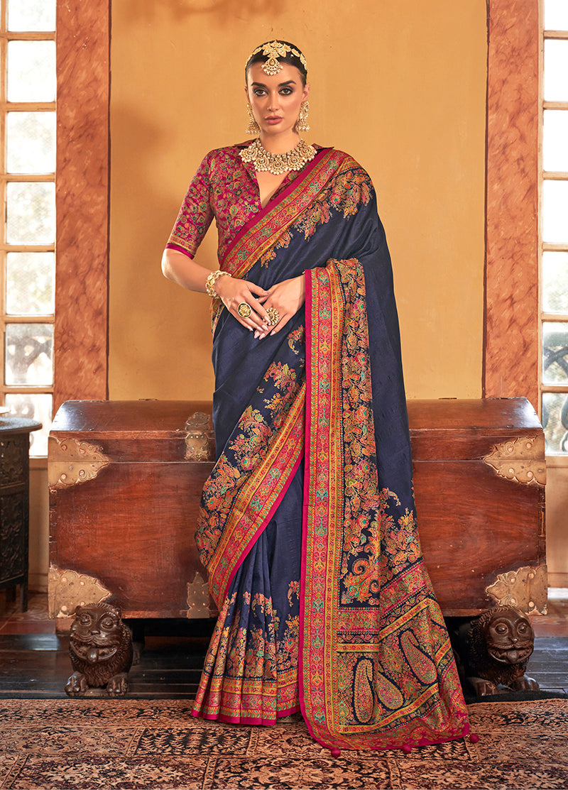 Navy Blue Silk Paisley Print Work Saree