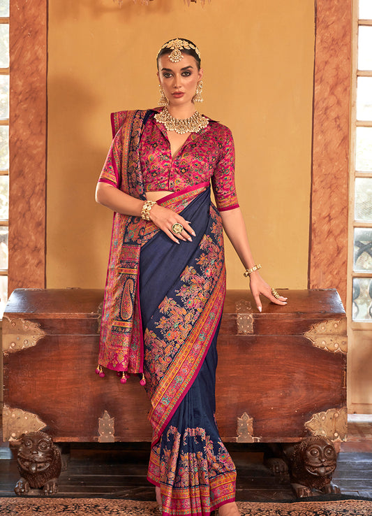 Navy Blue Silk Paisley Print Work Saree