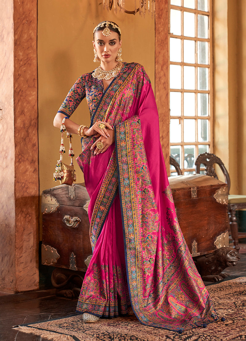 Hot Pink Silk Paisley Print Work Saree