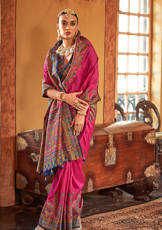 Hot Pink Silk Paisley Print Work Saree