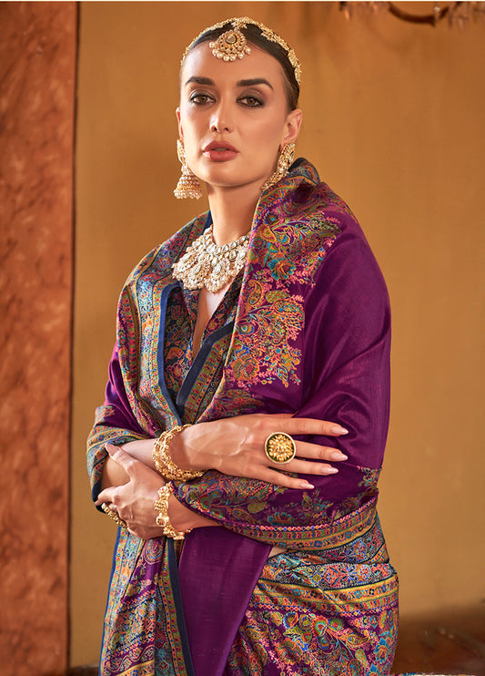 Dark Purple Silk Paisley Print Work Saree