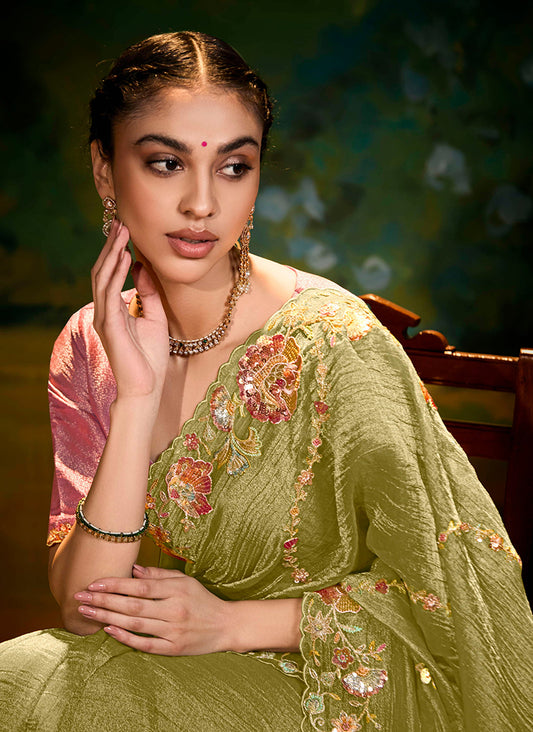 Olive Green Tissue Silk Designer Sequins Work Party Wear Saree
