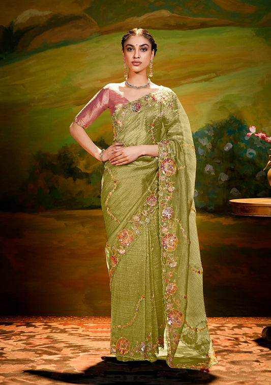 Olive Green Tissue Silk Designer Sequins Work Party Wear Saree
