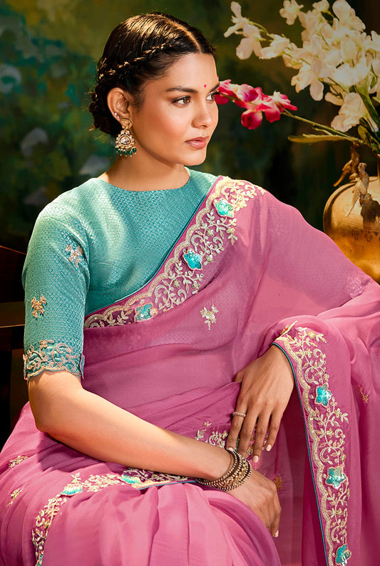 Onion Pink Tissue Silk Designer Sequins Work Party Wear Saree