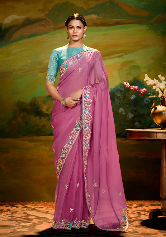 Onion Pink Tissue Silk Designer Sequins Work Party Wear Saree