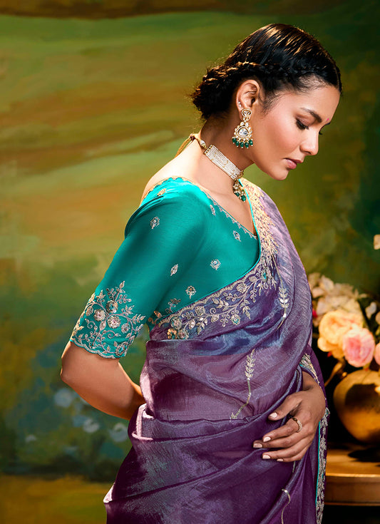 Lavender Tissue Silk Designer Sequins Work Party Wear Saree