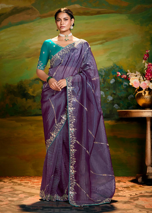 Lavender Tissue Silk Designer Sequins Work Party Wear Saree